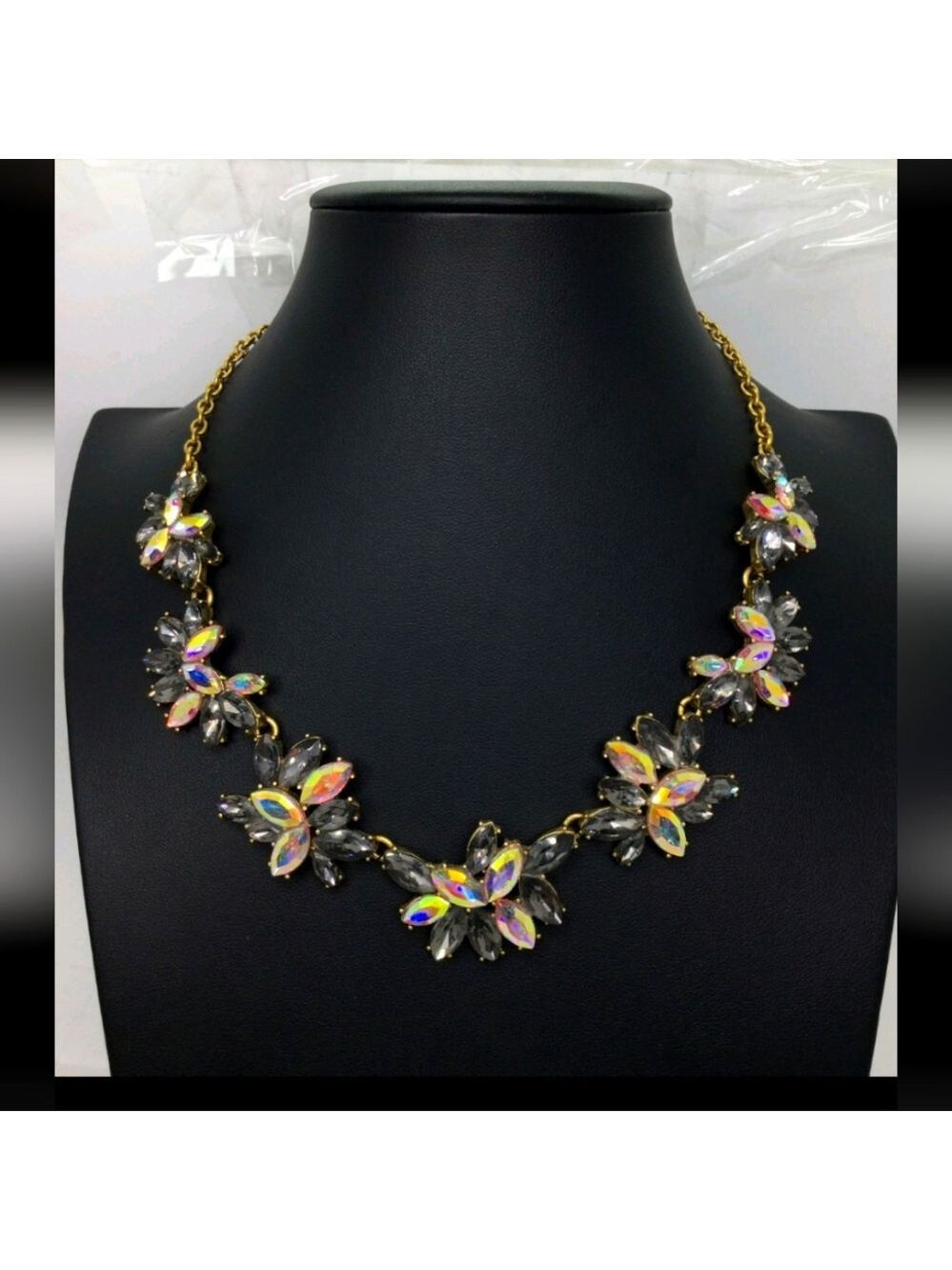 J. Crew Gray & Iridescent Rhinestone Statement Necklace EUC 16"